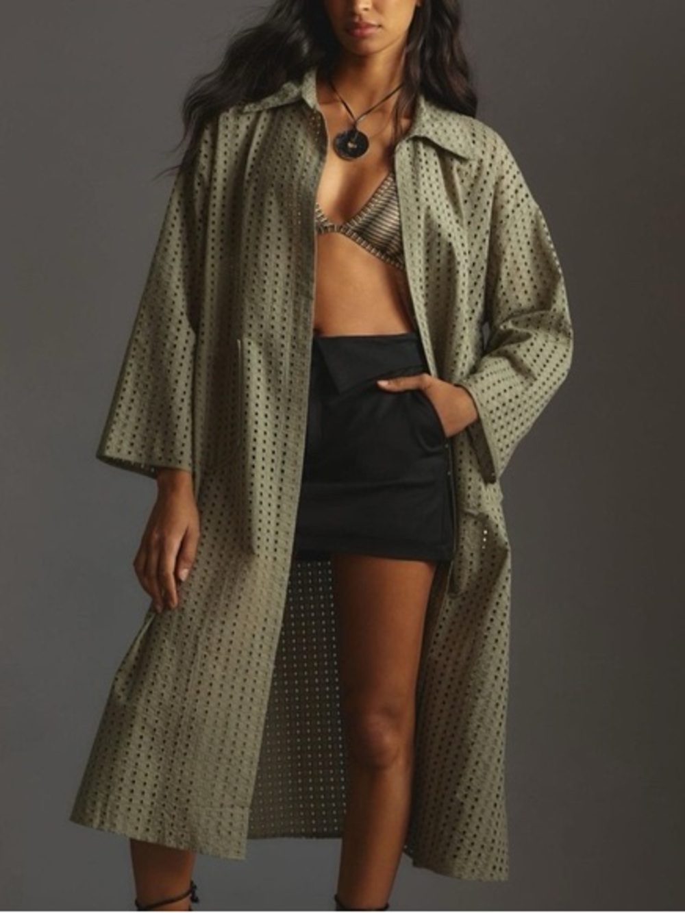 Anthropologie Olive Eyelet Long Swim Coverup